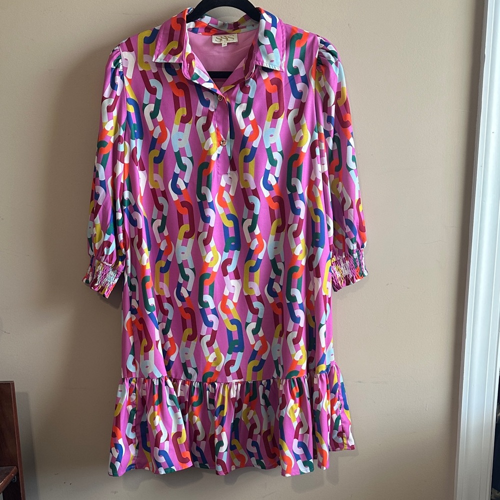 Women’s violet Chain-Link Print Ruffle Hem Casual Dress size medium like new